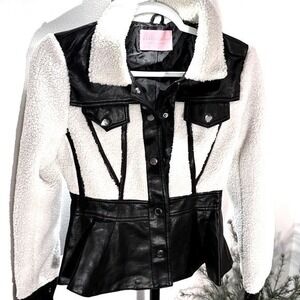 Azalea Wang teddy coat peplum glam avant garde vegan leather geometric ribbing S